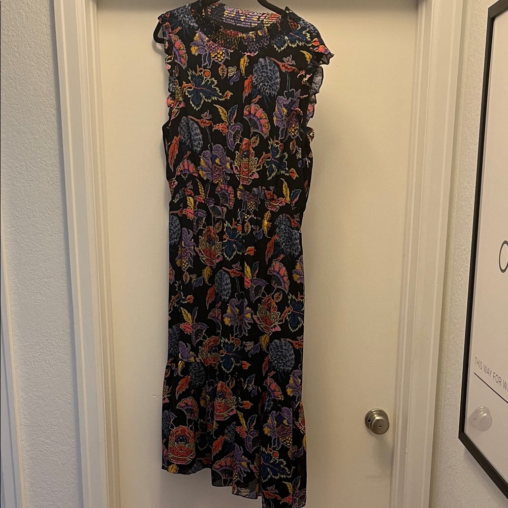 Floral Sleeveless smocked midi Dress - navy base/ multi color